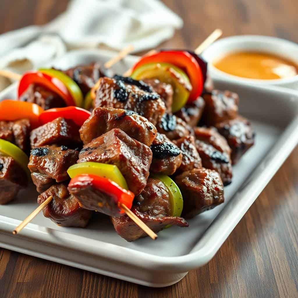Grilled steak kebabs with red peppers and green onions on white plate with sauce.
