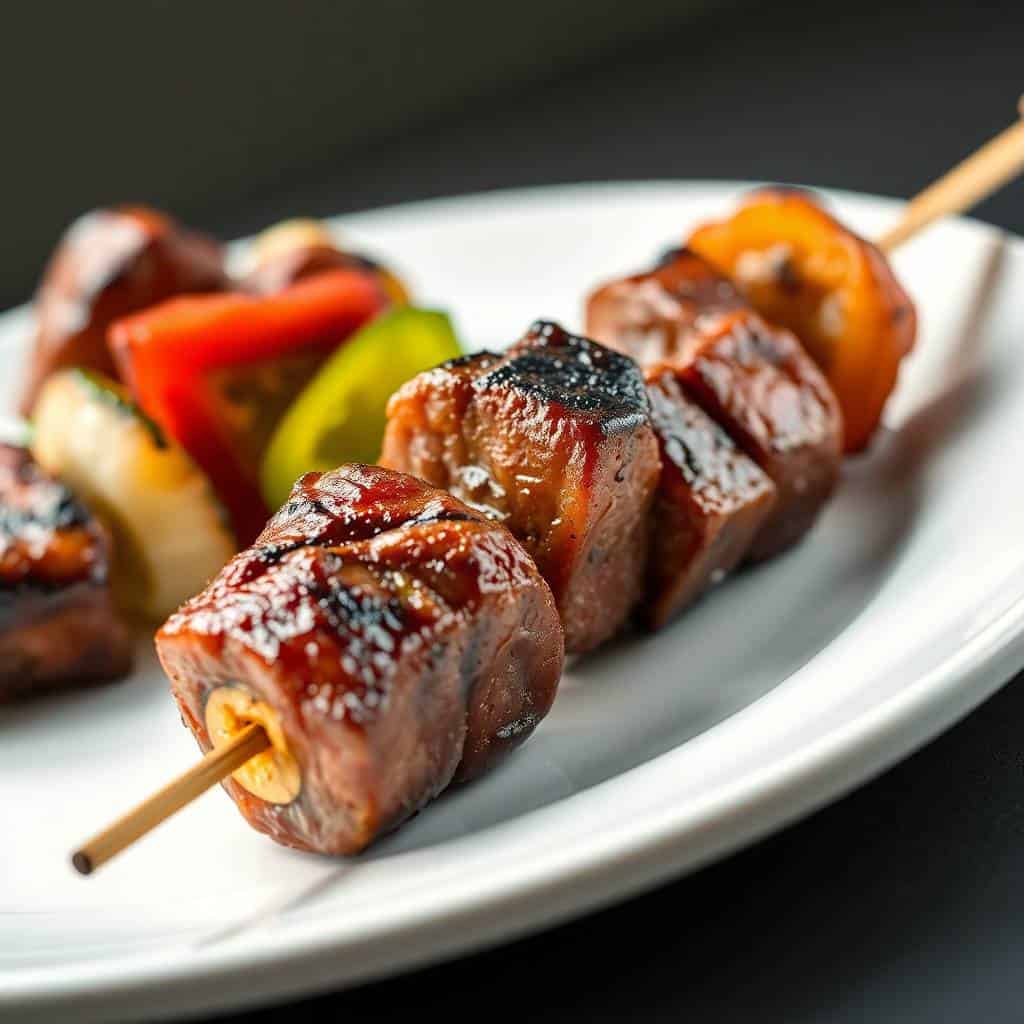 Grilled steak kebabs with charred meat and colorful peppers on wooden skewers, plated on white dish.