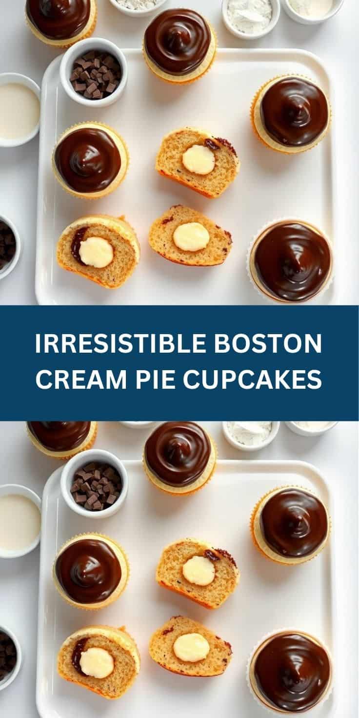 Boston cream pie cupcakes with chocolate ganache topping and vanilla pastry cream filling on white platter.