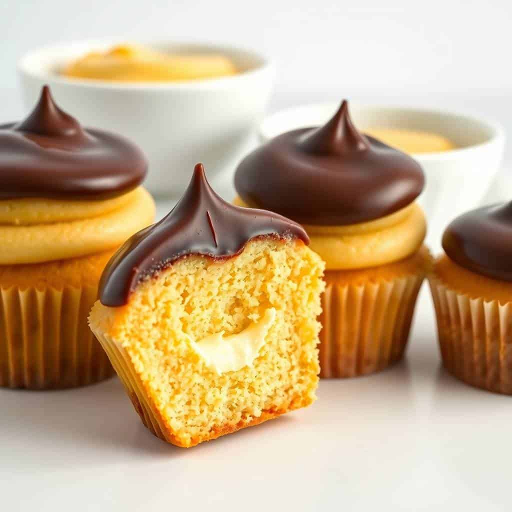 Boston cream pie cupcakes with yellow cake, vanilla filling, and chocolate frosting piped in peaks.