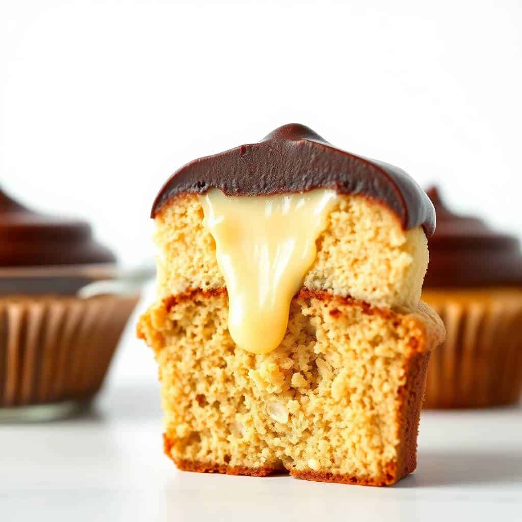 Boston cream pie cupcake with chocolate ganache top and vanilla custard filling, displayed with blurred cupcakes behind.