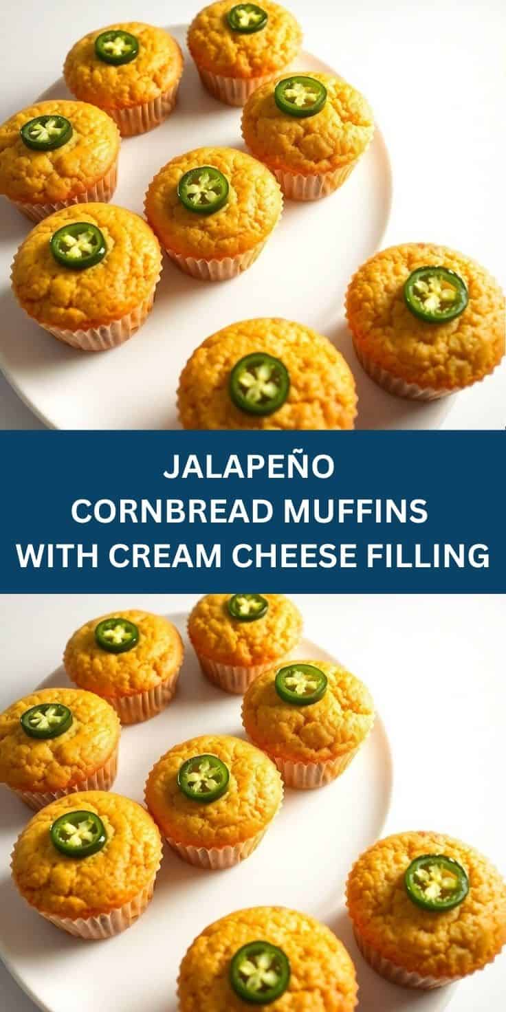 Golden cornbread muffins topped with fresh jalapeño slices arranged on white plate.