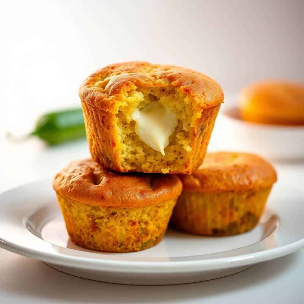 Golden jalapeño cornbread muffins with cream cheese filling stacked on white plate.