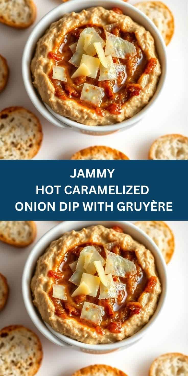 Jammy hot caramelized onion dip with gruyère in white bowl, topped with cheese shards, surrounded by crackers.