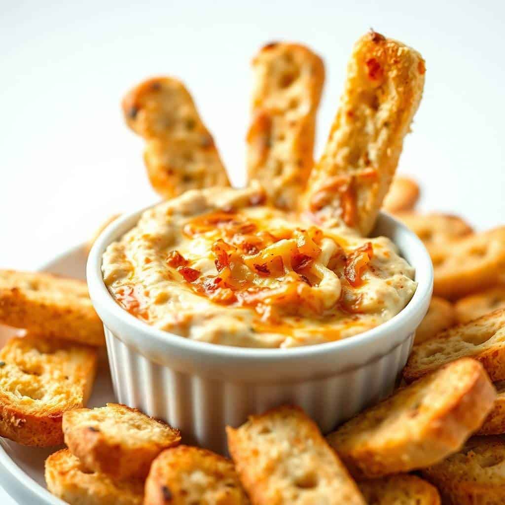 Creamy caramelized onion dip with Gruyère in white bowl, surrounded by toasted bread slices.
