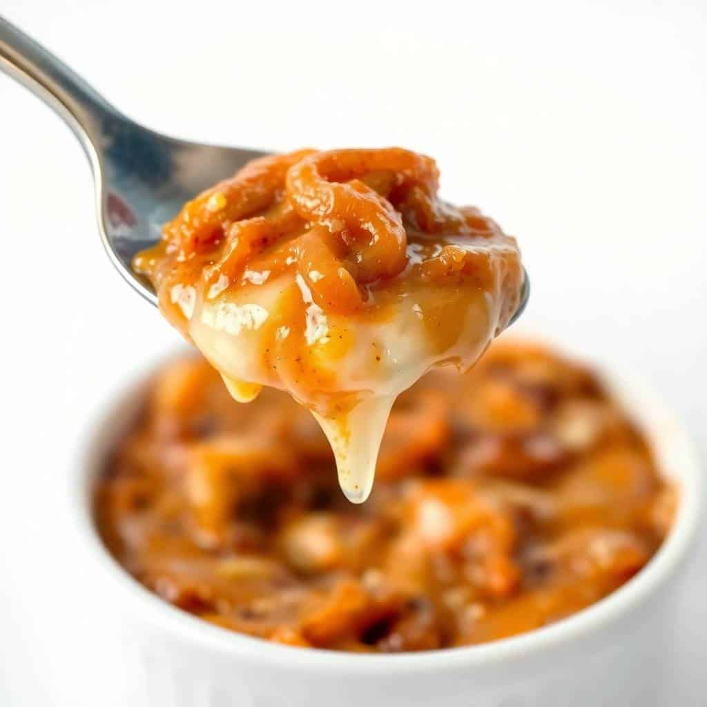 Spoon lifting creamy caramelized onion dip with melted Gruyère from white bowl.