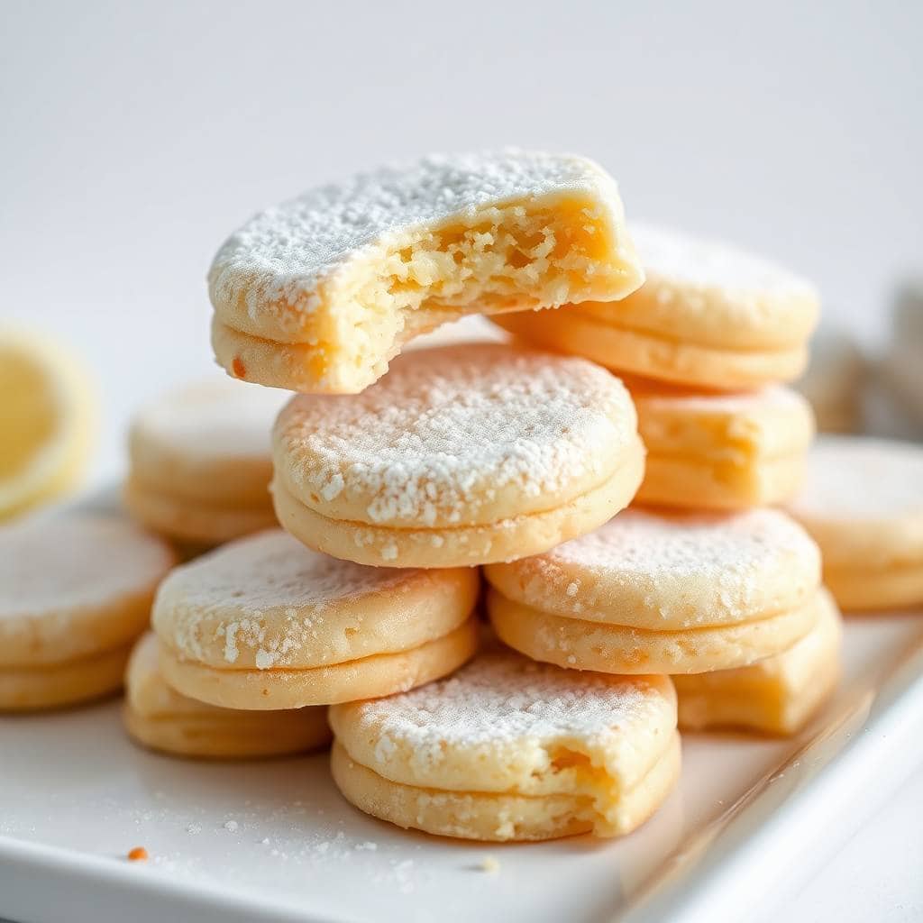 Lemon meltaways dusted with powdered sugar, stacked and displayed on white plate, one broken to show filling.