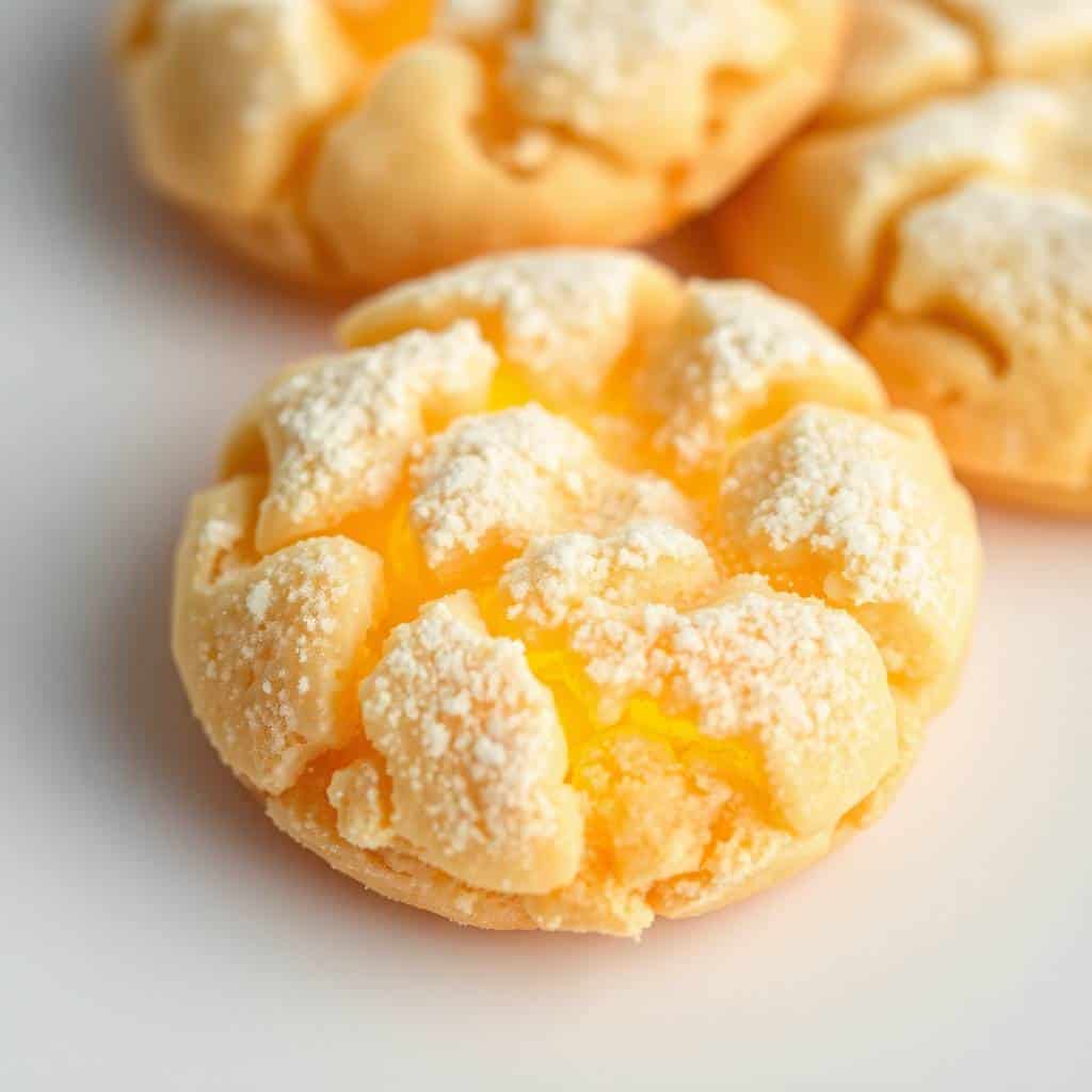 Lemon meltaways dusted with powdered sugar, showing golden centers and crackled tops on white surface.