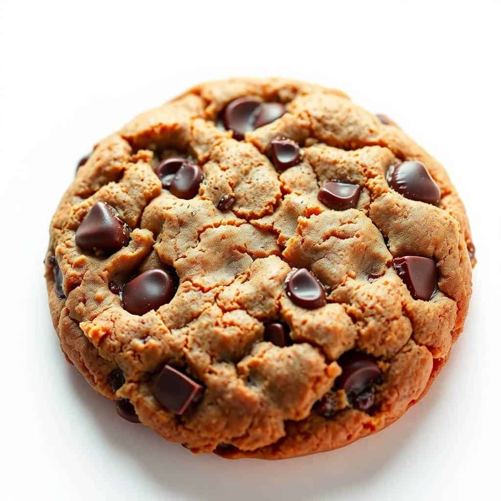 Levain Bakery chocolate chip cookie with melted chocolate chunks on white surface.