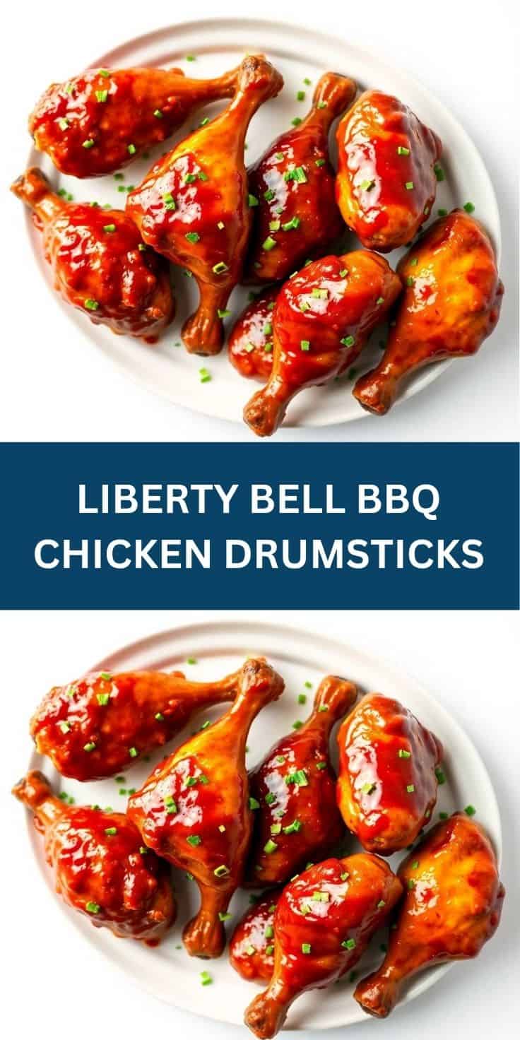 Liberty Bell BBQ chicken drumsticks glazed in red sauce, garnished with green onions on white plate.