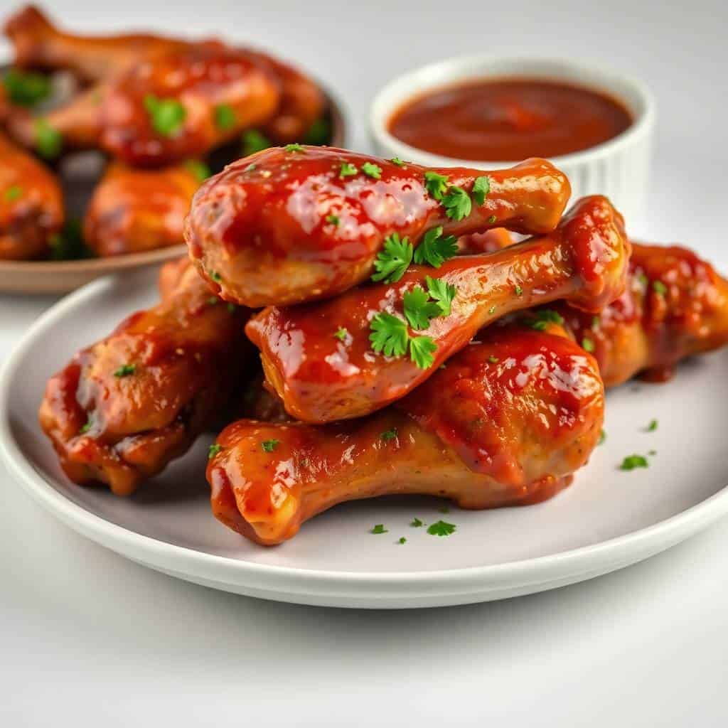 BBQ chicken drumsticks glazed with red sauce, garnished with parsley, served on white plate with dipping sauce.