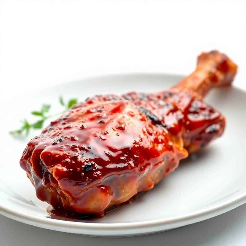 Glazed BBQ chicken drumstick on white plate with fresh parsley garnish and dark seasoning.