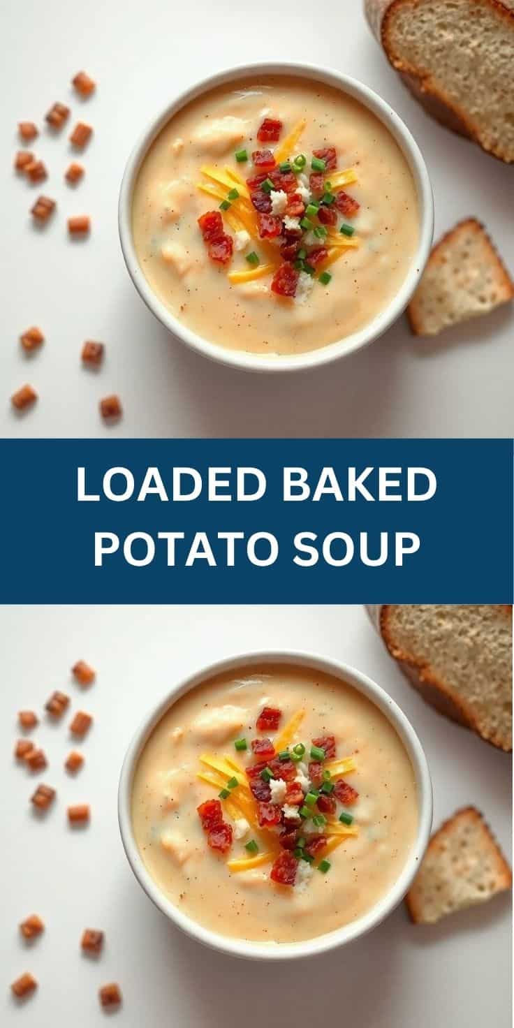 Loaded baked potato soup in white bowl, garnished with bacon, cheddar, green onions, served with toast.