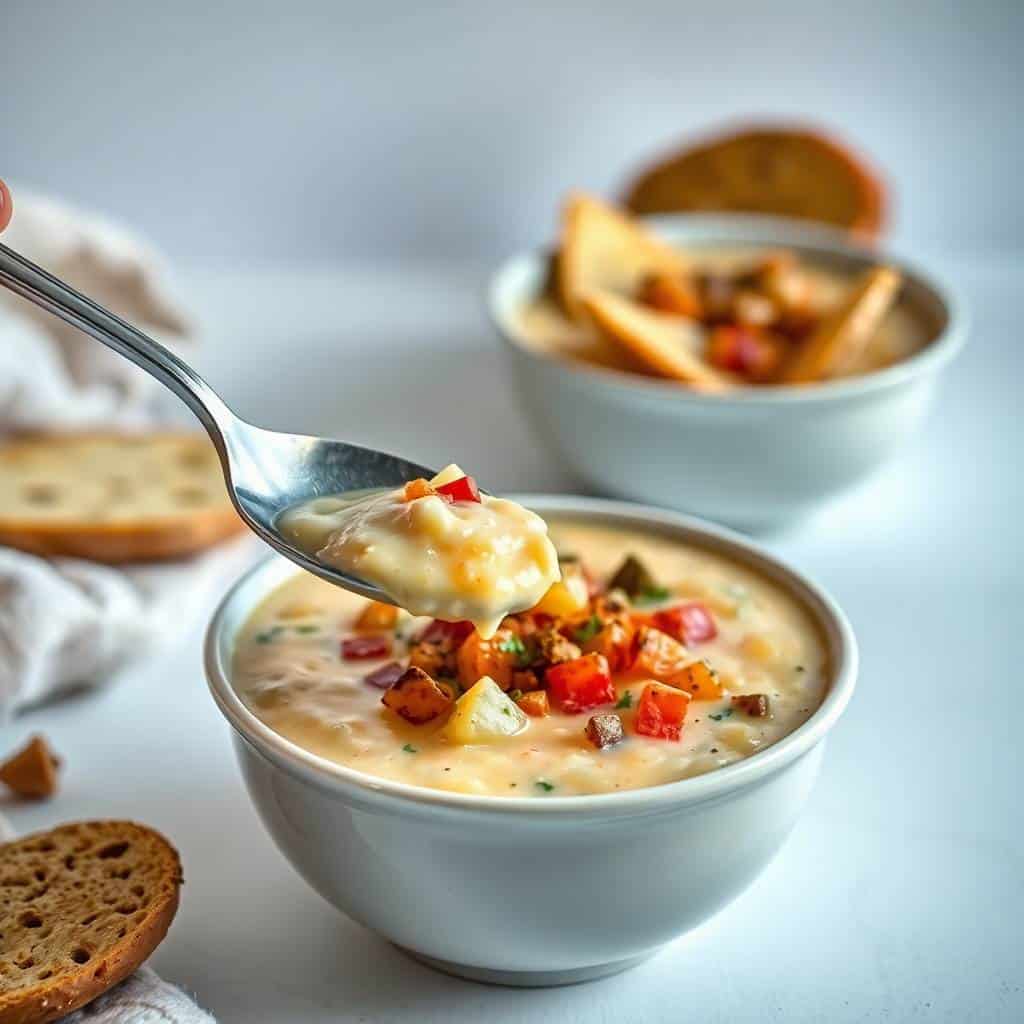 Loaded baked potato soup served in white bowls with crispy bacon, cheddar cheese, and red peppers, accompanied by bread.