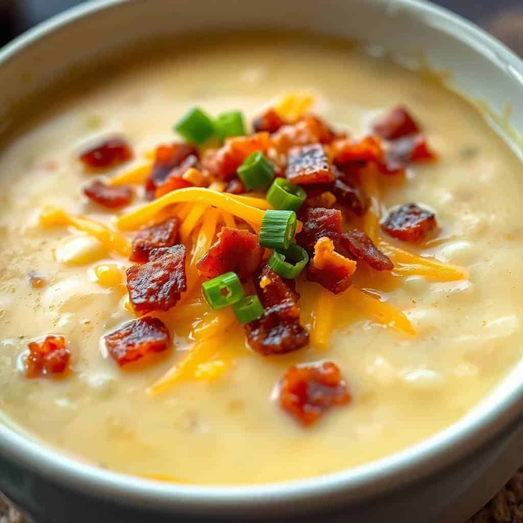 Loaded Baked Potato Soup in white bowl, garnished with bacon, cheddar cheese, green onions, and sour cream.
