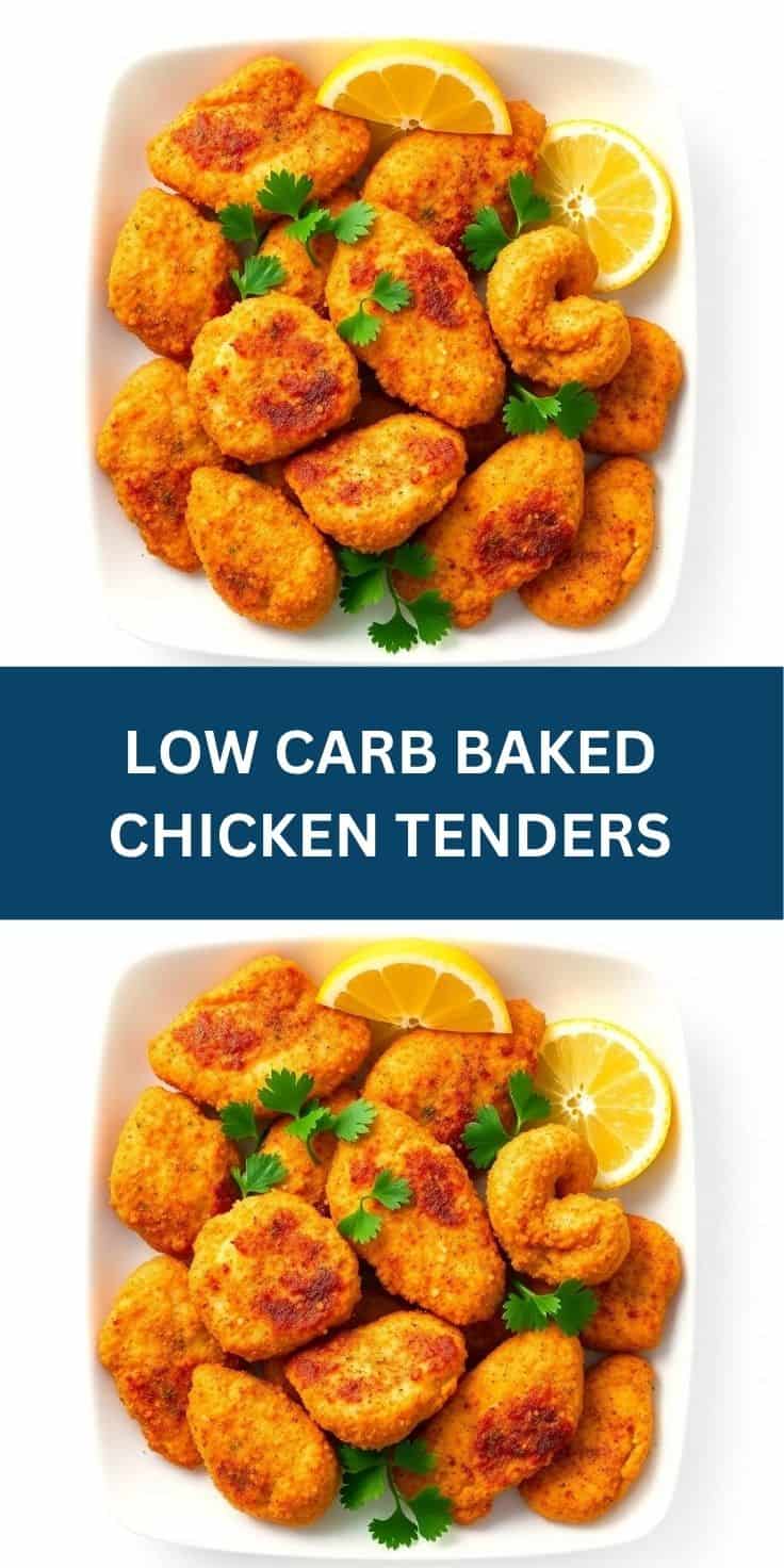 Golden-brown baked chicken tenders garnished with fresh cilantro and lemon wedges on white plate.