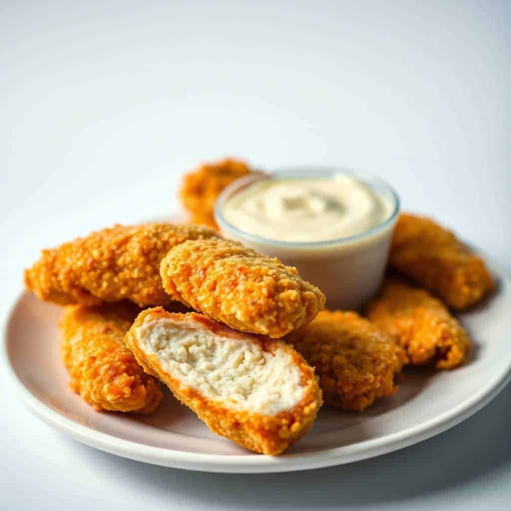Golden-brown baked chicken tenders on white plate with creamy dipping sauce.