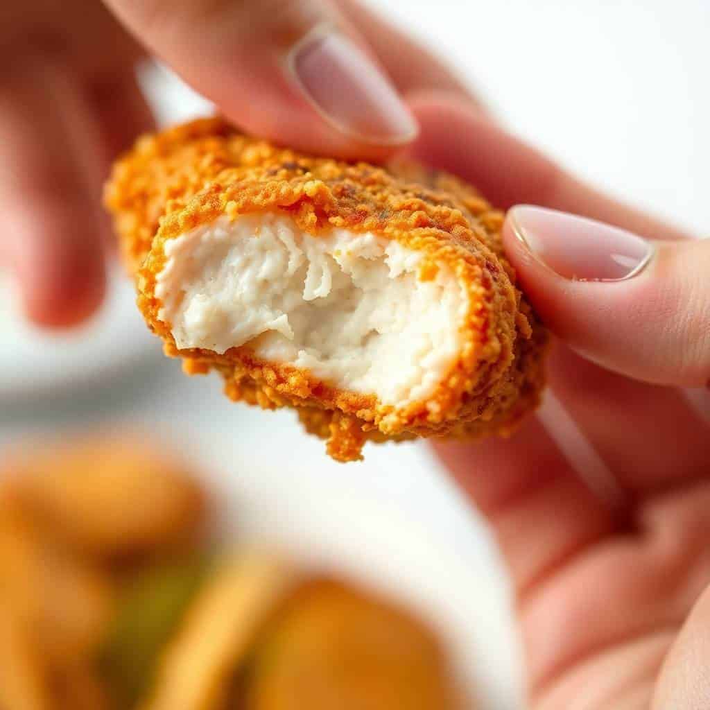Low carb baked chicken tender held in hand, golden crispy coating with creamy white interior visible.