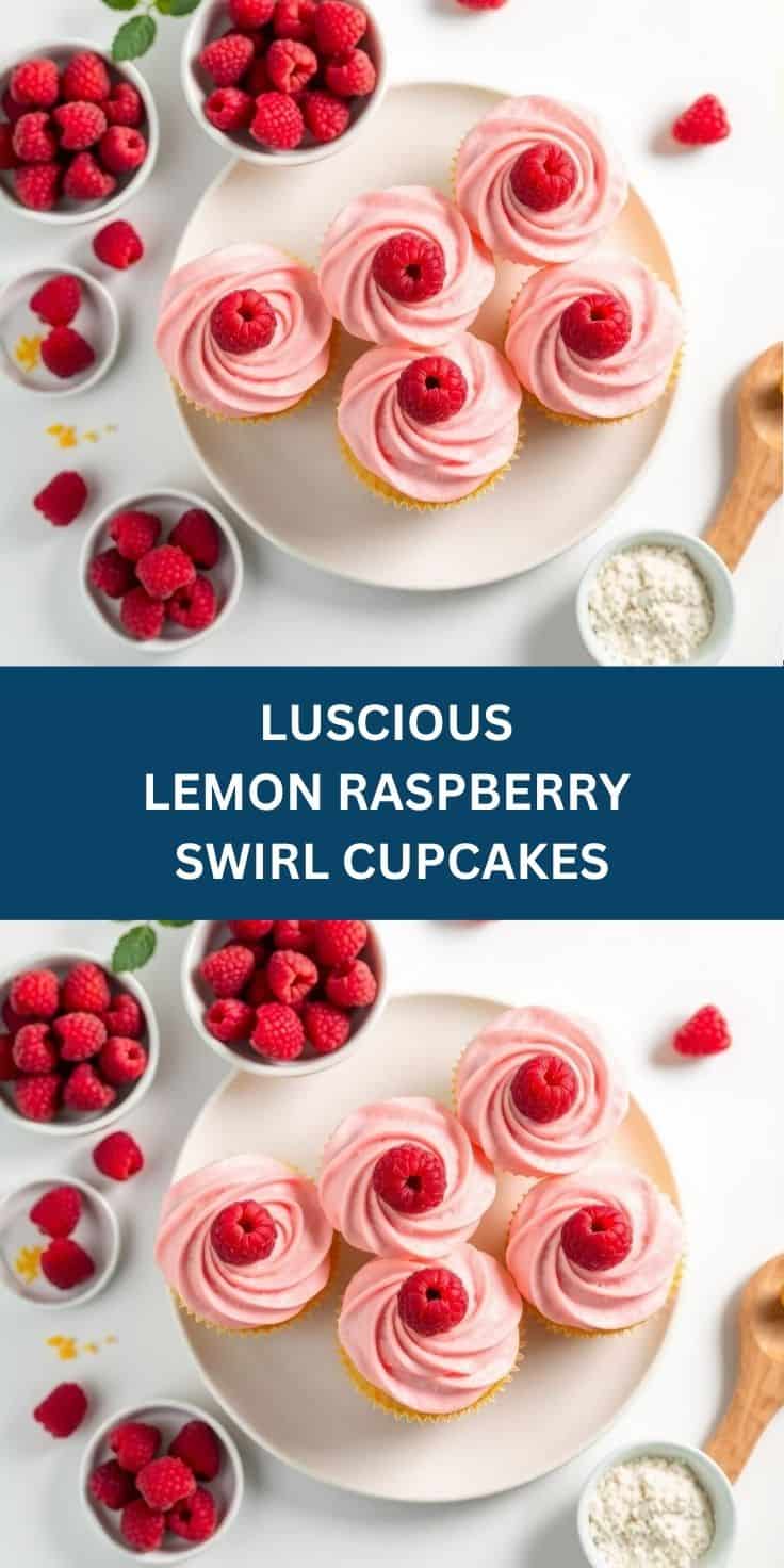 Lemon raspberry swirl cupcakes with pink frosting and fresh raspberries on white plate with ingredients.
