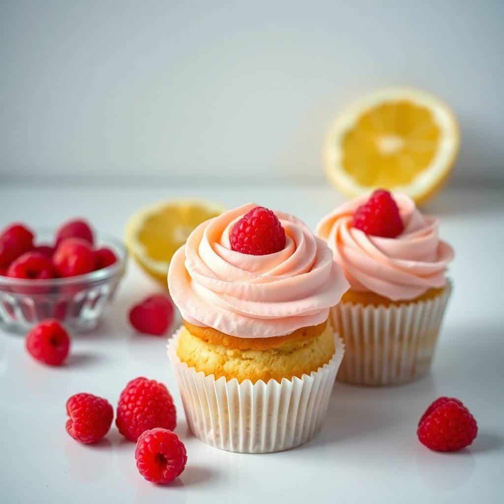 Lemon raspberry swirl cupcakes with pink frosting, fresh raspberries, and lemon halves on white surface.