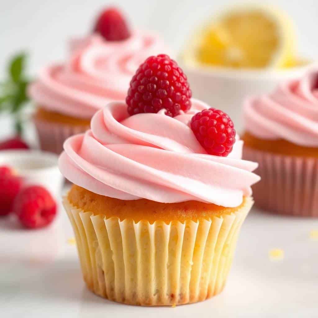 Lemon raspberry swirl cupcakes with pink frosting topped with fresh raspberries in paper liners.
