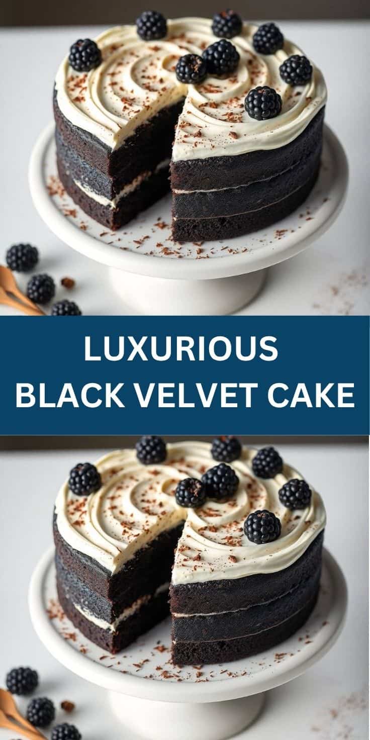 Luxurious black velvet cake with cream frosting, blackberry garnish, and chocolate shavings on white cake stand.