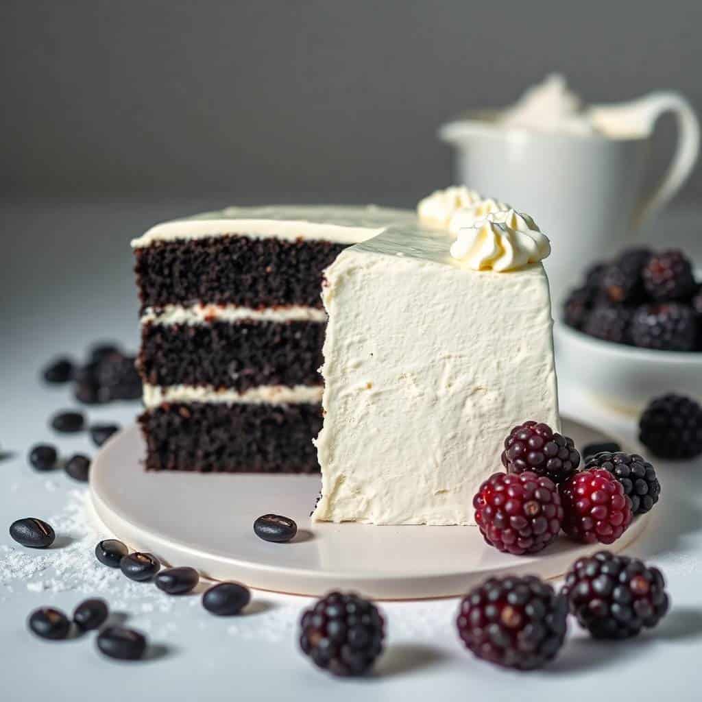 Slice of black velvet cake with cream frosting, garnished with berries and whipped cream on white plate.