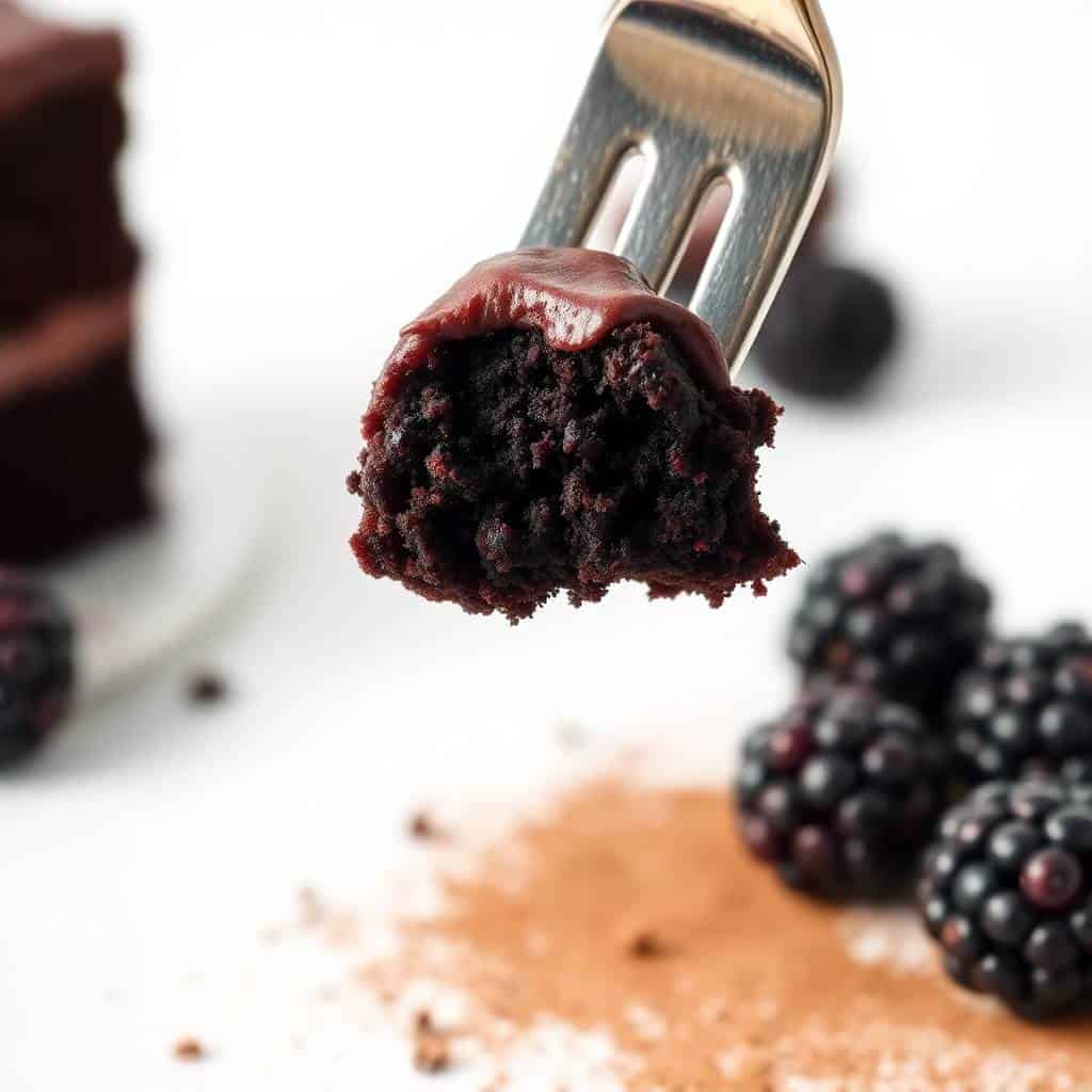 A fork holding a slice of dark chocolate black velvet cake with blackberries and cocoa powder nearby.