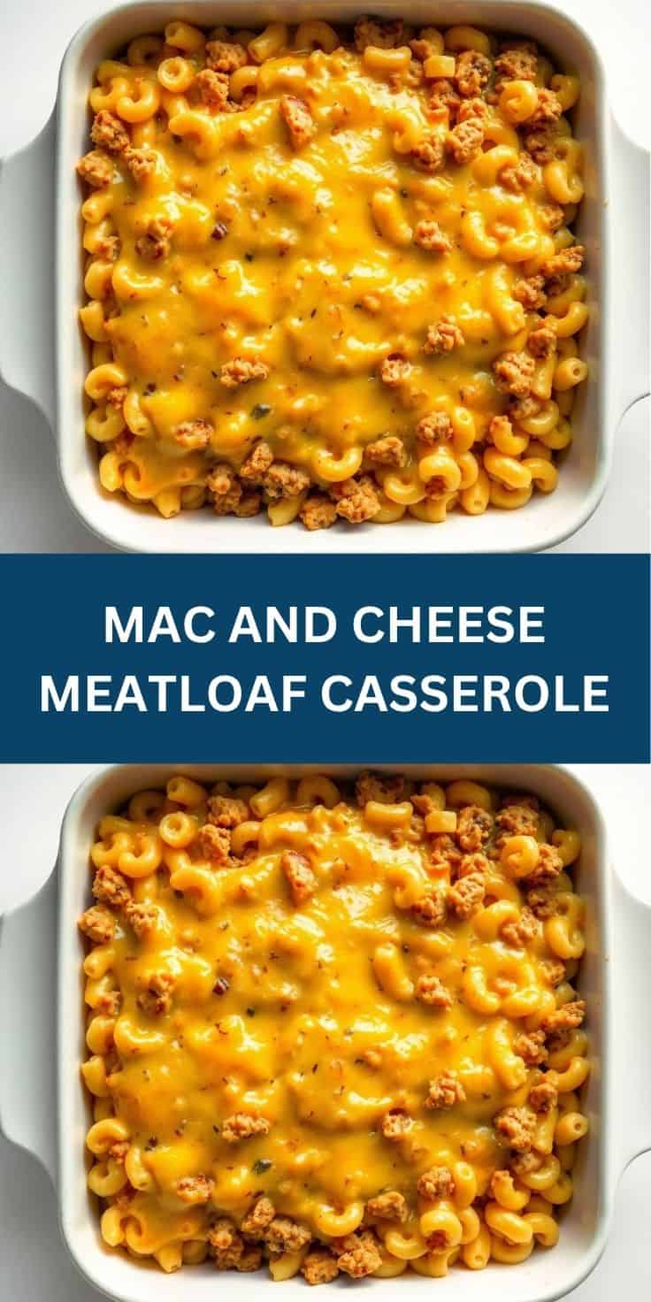Mac and cheese meatloaf casserole in white baking dish with melted cheese and ground beef.