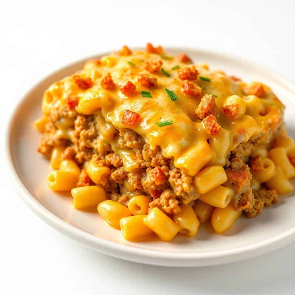 Mac and cheese meatloaf casserole topped with melted cheddar, corn, and green onions on a white plate.