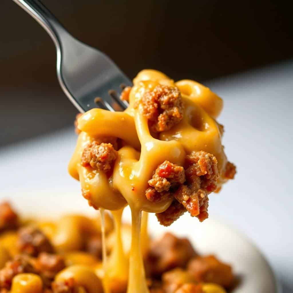 Fork lifting creamy mac and cheese with ground meat pieces, golden cheese coating visible.
