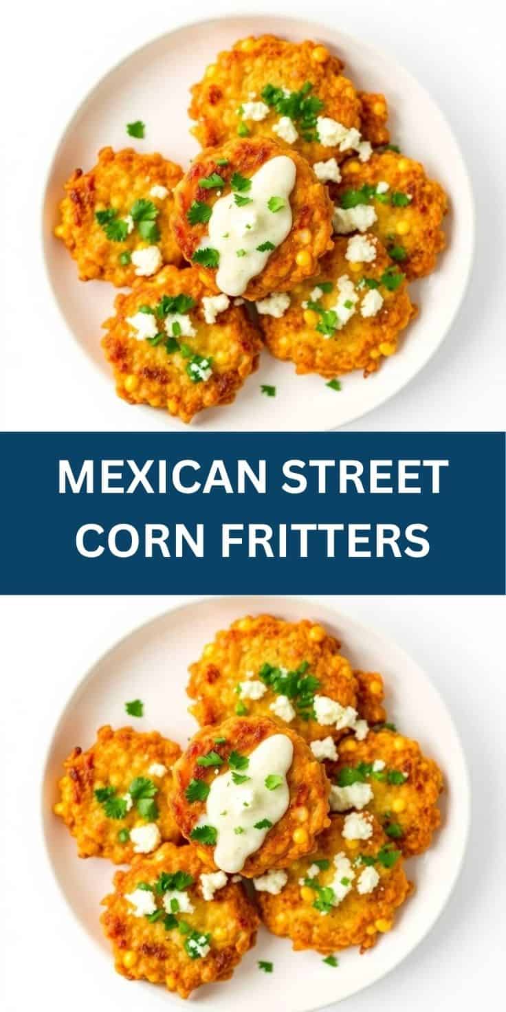 Golden-fried Mexican street corn fritters topped with crema, cotija cheese, and cilantro on white plate.