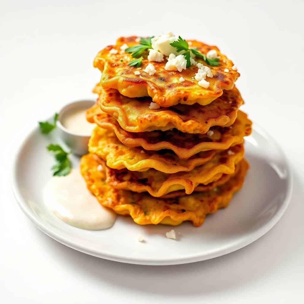 Stacked golden Mexican street corn fritters garnished with crumbled cheese and cilantro, served with white sauce.