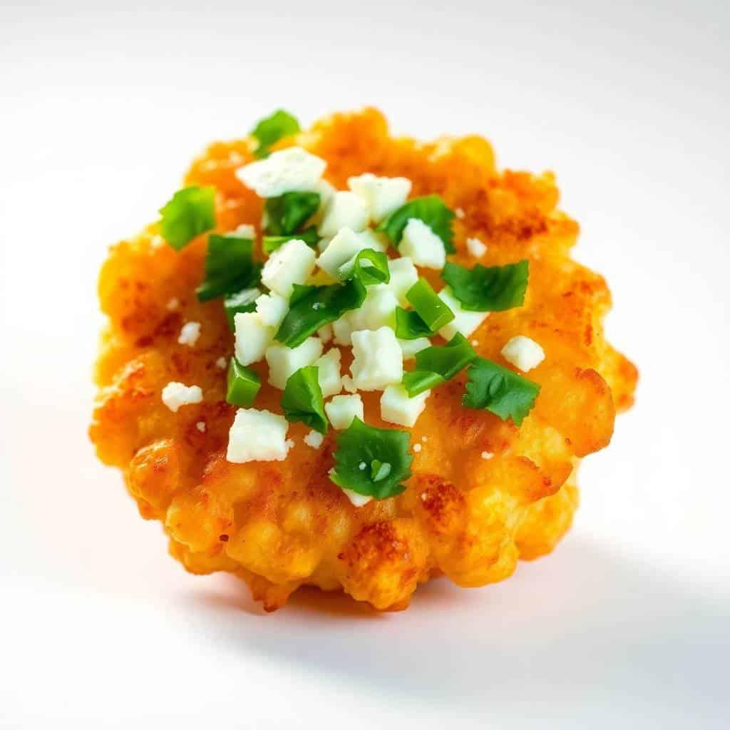 Golden crispy Mexican street corn fritter topped with white crumbled cheese and green cilantro on white background.