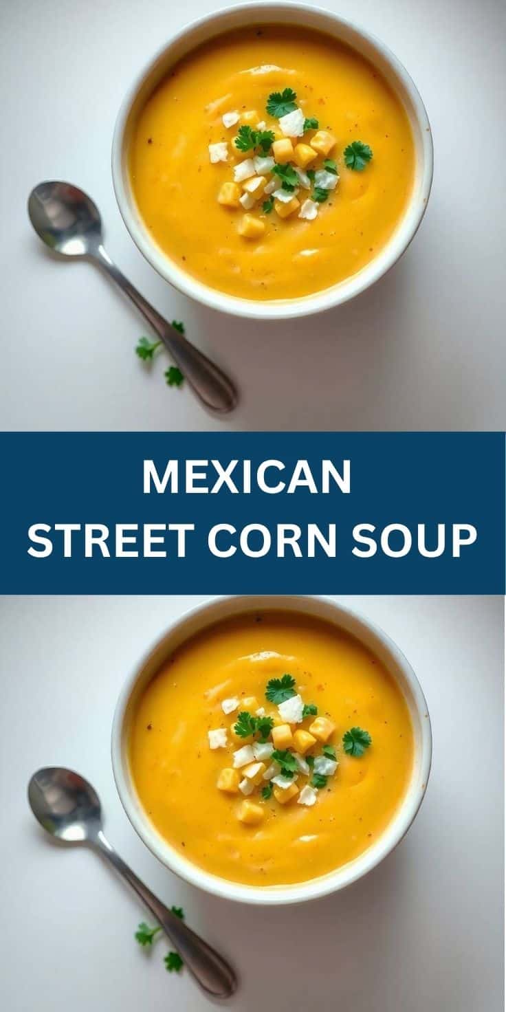 Two bowls of Mexican street corn soup with golden broth, topped with corn kernels, diced cheese, and cilantro garnish.