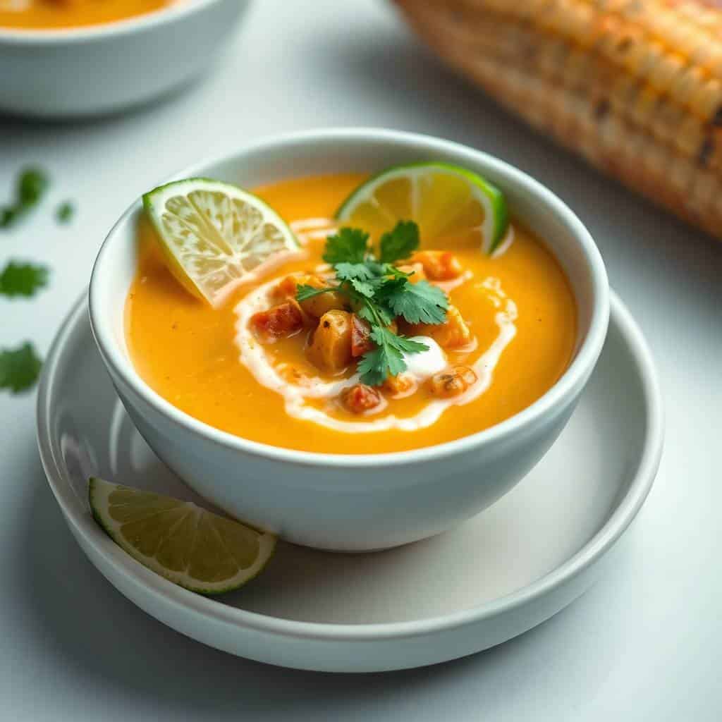 Mexican street corn soup garnished with lime, cilantro, and cream in a white bowl.