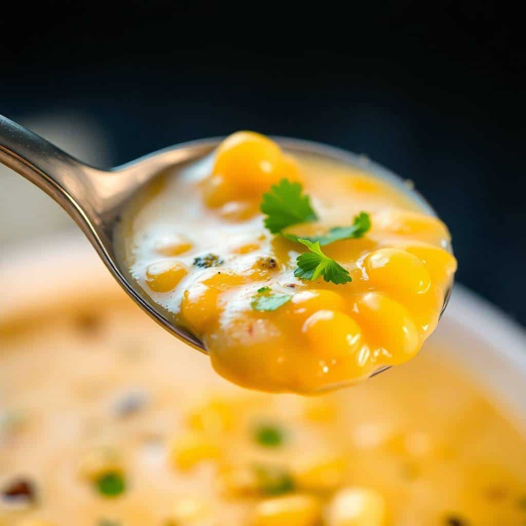 Spoonful of Mexican street corn soup with corn kernels, cream, cilantro garnish, and black pepper.