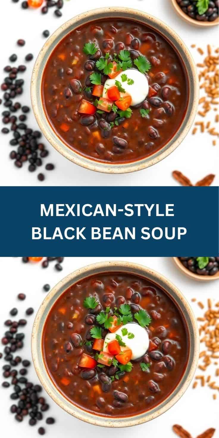 Mexican-style black bean soup in ceramic bowls topped with sour cream, diced peppers, and cilantro garnish.