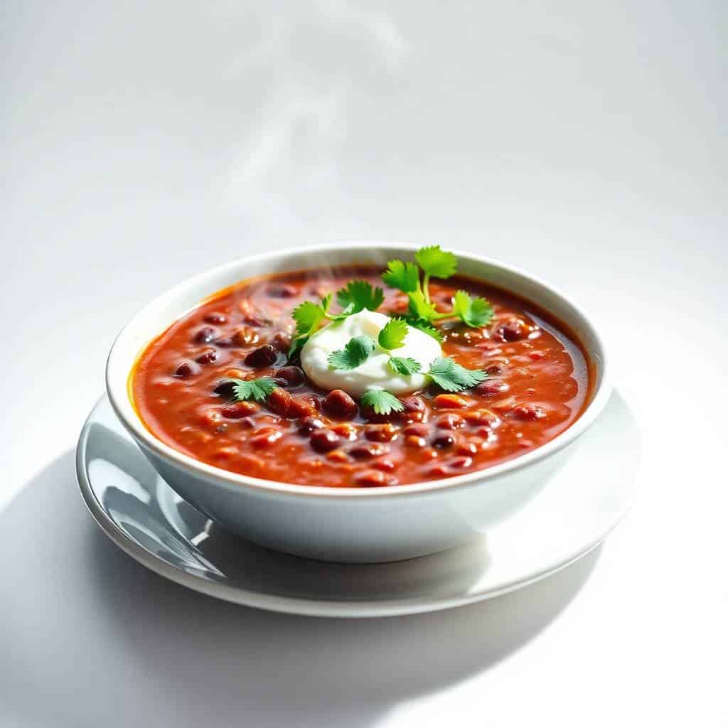 Mexican-style black bean soup in white bowl with sour cream and cilantro garnish.