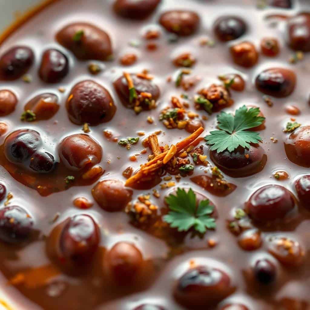 Mexican-style black bean soup with cilantro garnish, spices, and rich broth in a bowl.