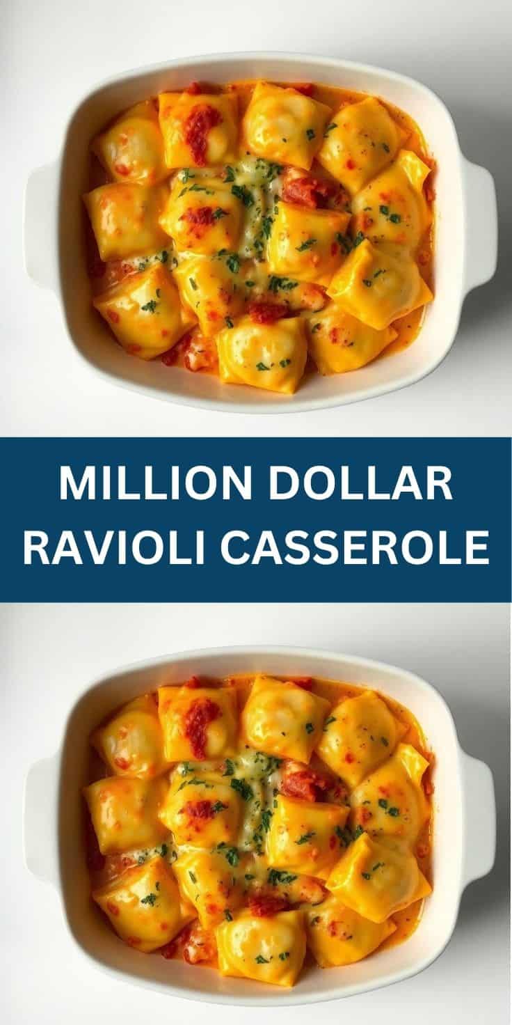 Million Dollar Ravioli Casserole in white baking dish, golden cheese topping with red sauce and fresh herbs.