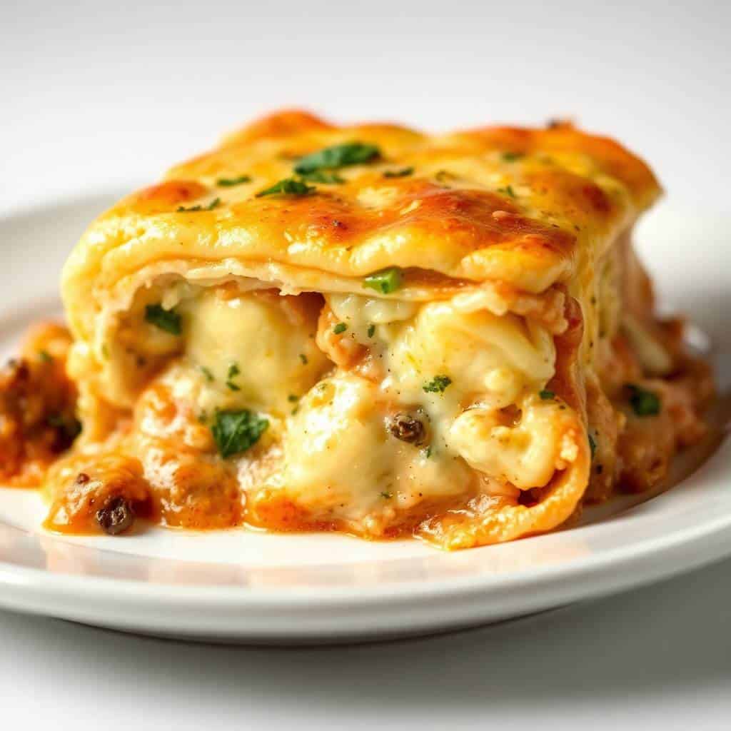 Golden-baked ravioli casserole with melted cheese, garnished with fresh chives on white plate.