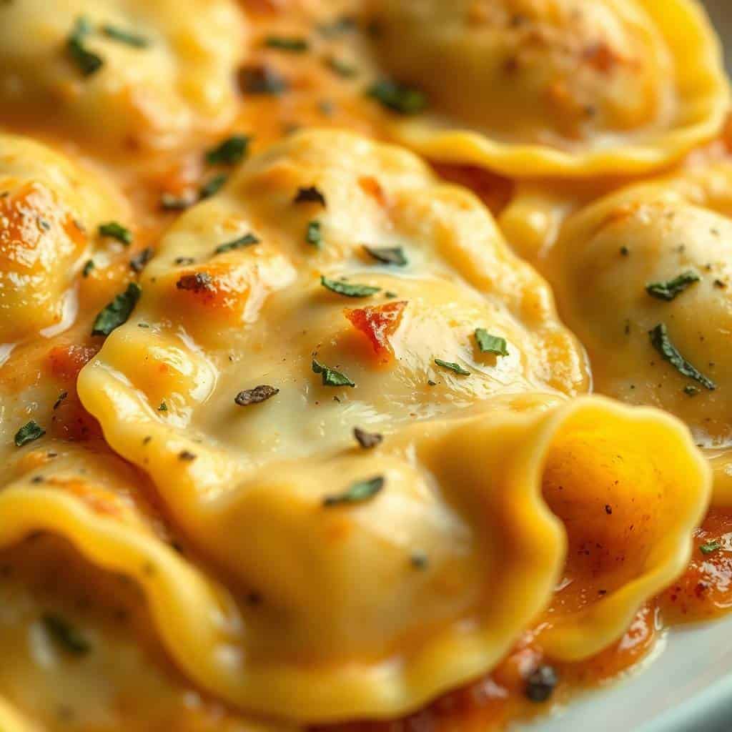 Golden baked ravioli casserole topped with melted cheese, fresh herbs, and black pepper on a white plate.