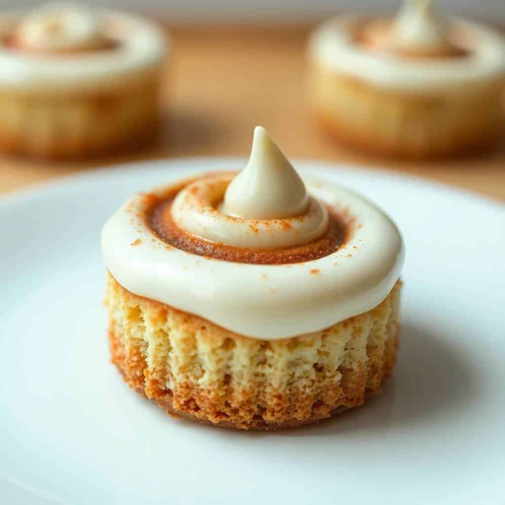 Mini cinnamon roll cheesecake with cream cheese frosting and cinnamon swirl on white plate.