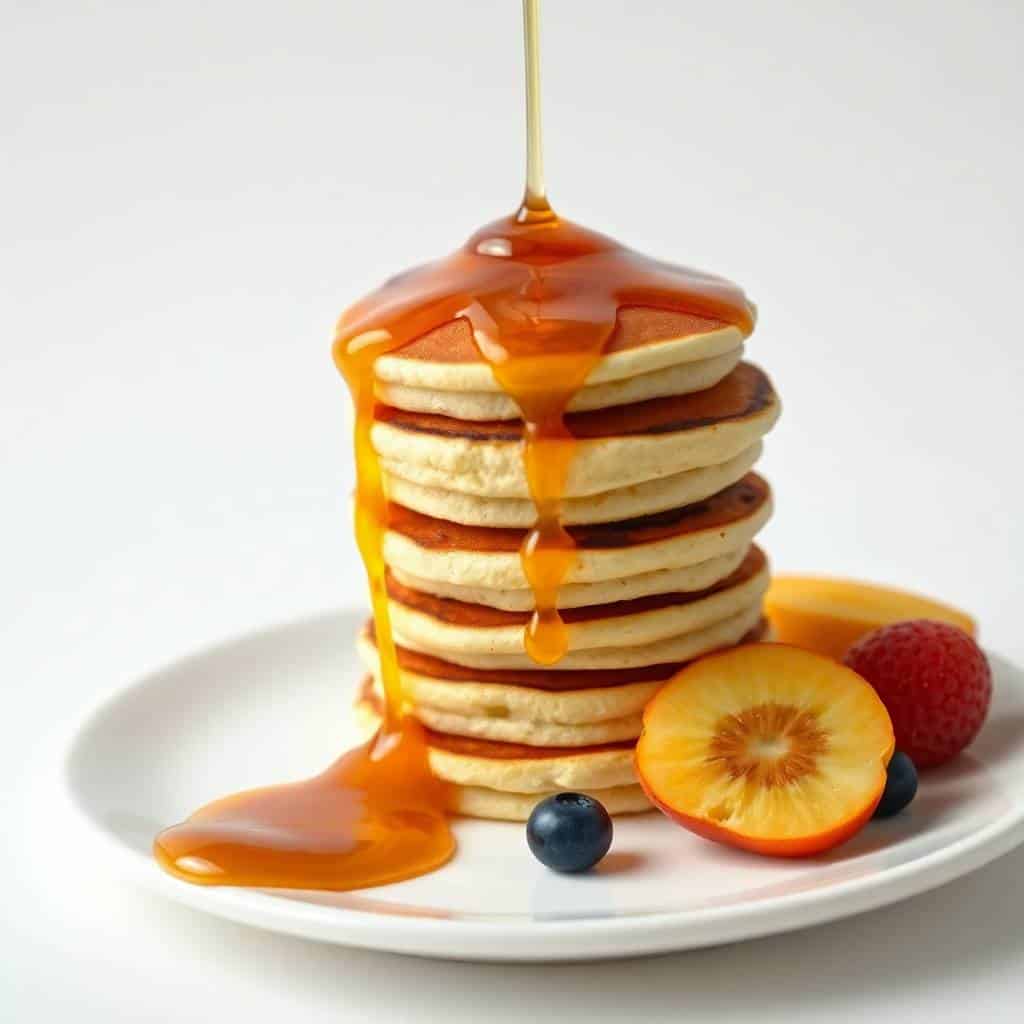Golden stack of mini pancakes drizzled with maple syrup, garnished with fresh berries and peach slices on white plate.