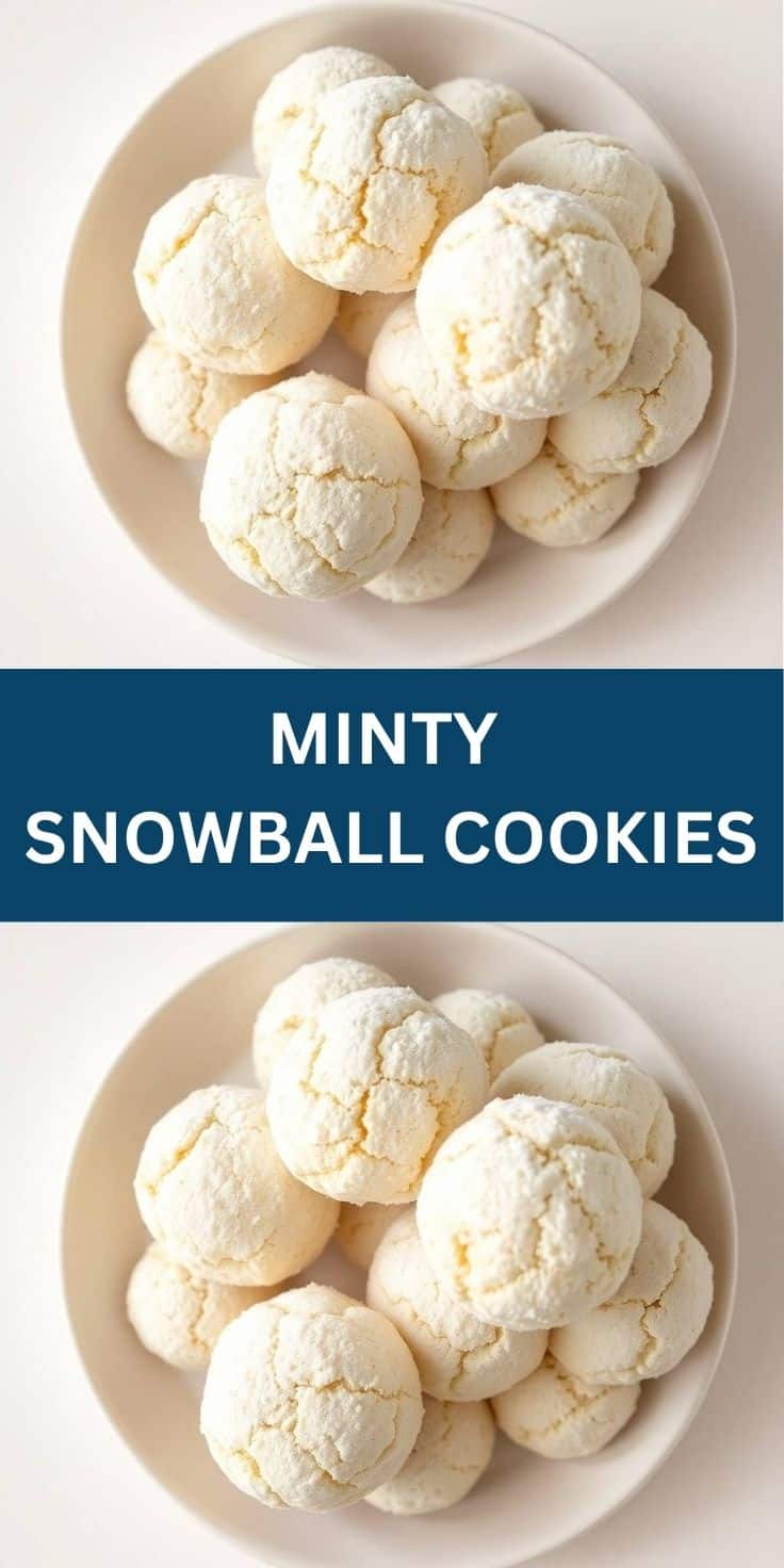 Minty snowball cookies dusted with powdered sugar arranged on a white plate.