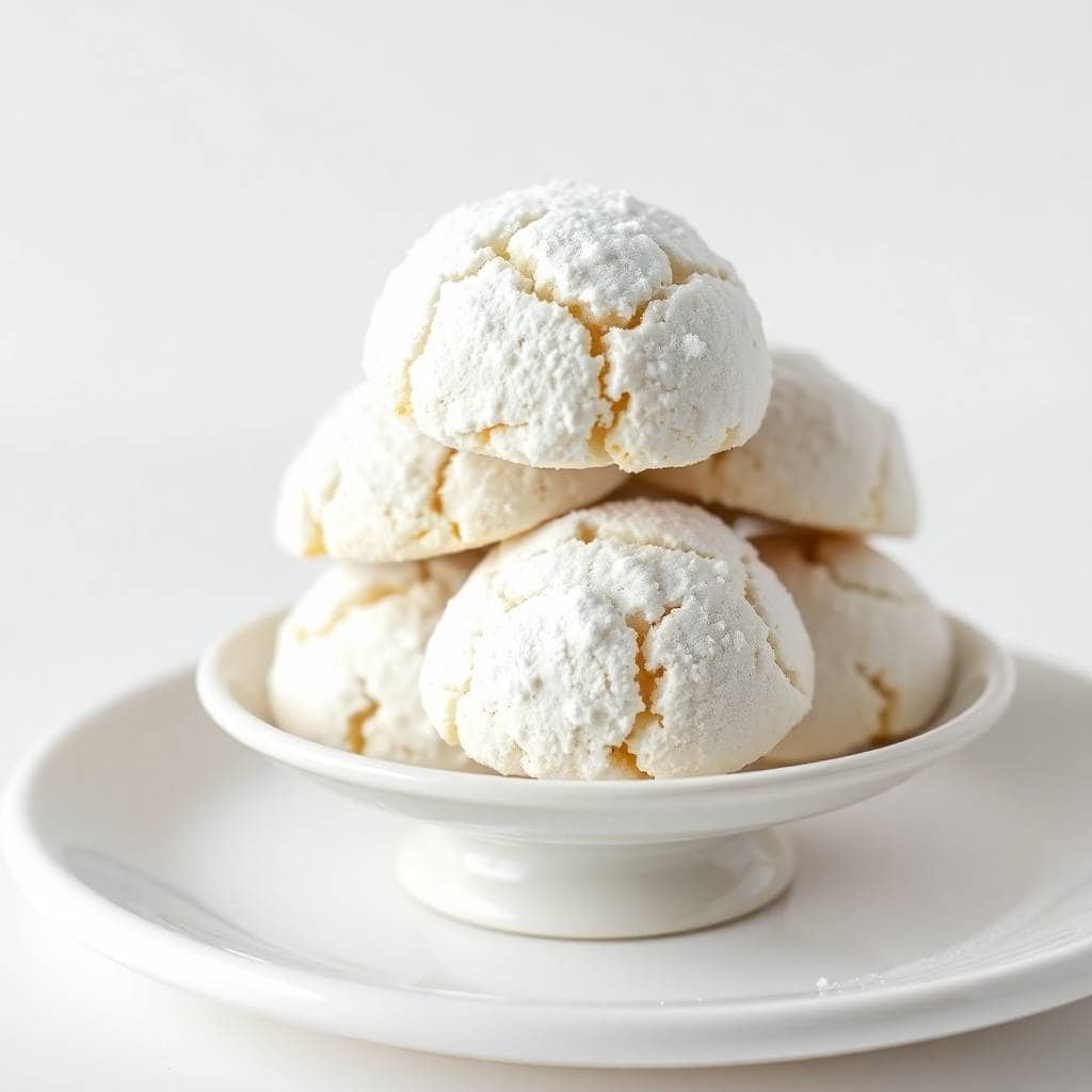 Minty snowball cookies stacked in a white pedestal bowl, dusted with powdered sugar on white plate.