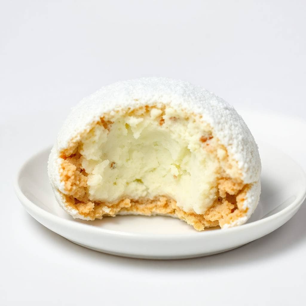 Minty snowball cookie split in half on white plate, revealing cream filling and powdered sugar coating.