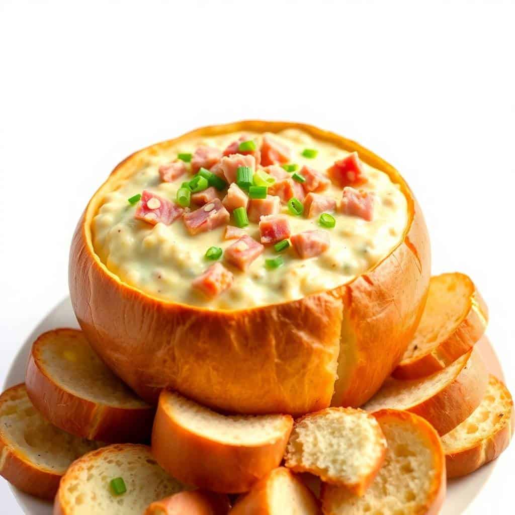 Mississippi sin dip in hollowed bread bowl with ham, green onions, served with toasted bread slices.