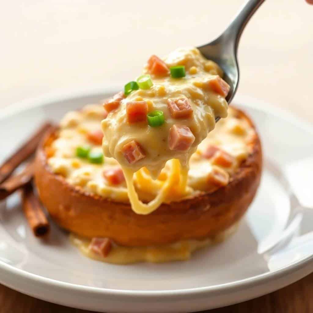 Mississippi Sin Dip served on a toasted bun, garnished with diced pimentos and green onions.